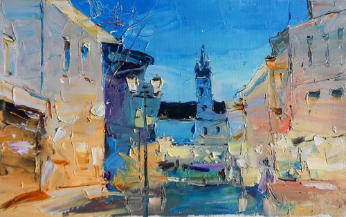 Evening Christmas Lights Landscape Original oil painting by Yehor Dulin