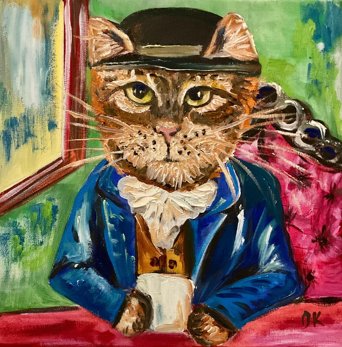 Impressionistic Animal Painting By Olga Koval, 12 X 12", Cat Gentelman, Original Artwork