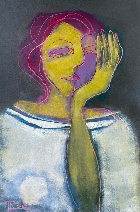 Portrait with pink hair.