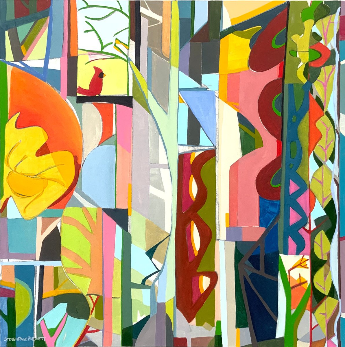 Impressionistic Abstract Oil Painting By Steven Page Prewitt, 36 X 36", Mr. Cardinal And A Tapestry, Original Artwork