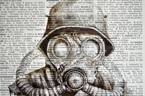 Gas Mask - Collage Art on Large Real English Dictionary Vintage Book Page