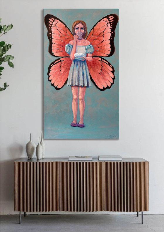 "She has wings". Original surrealistic oil painting. XXL