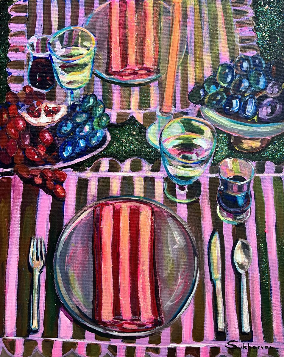 Impressionistic Still Life Acrylic Painting By Victoria Sukhasyan, 16 X 20", Still Life With Grapes And Wine, Original Artwork