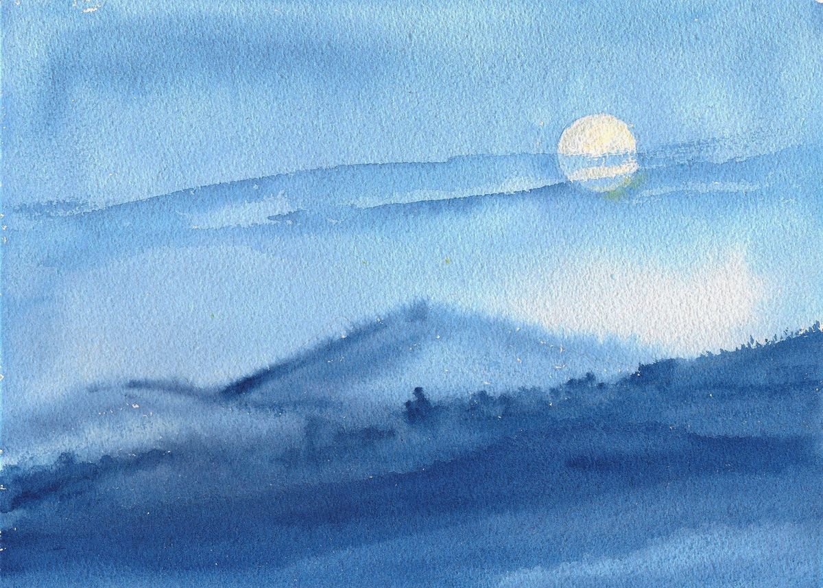Super Moon Painting Blue hills Landscape  watercolour on paper 11.25x8.25 by Asha Shenoy