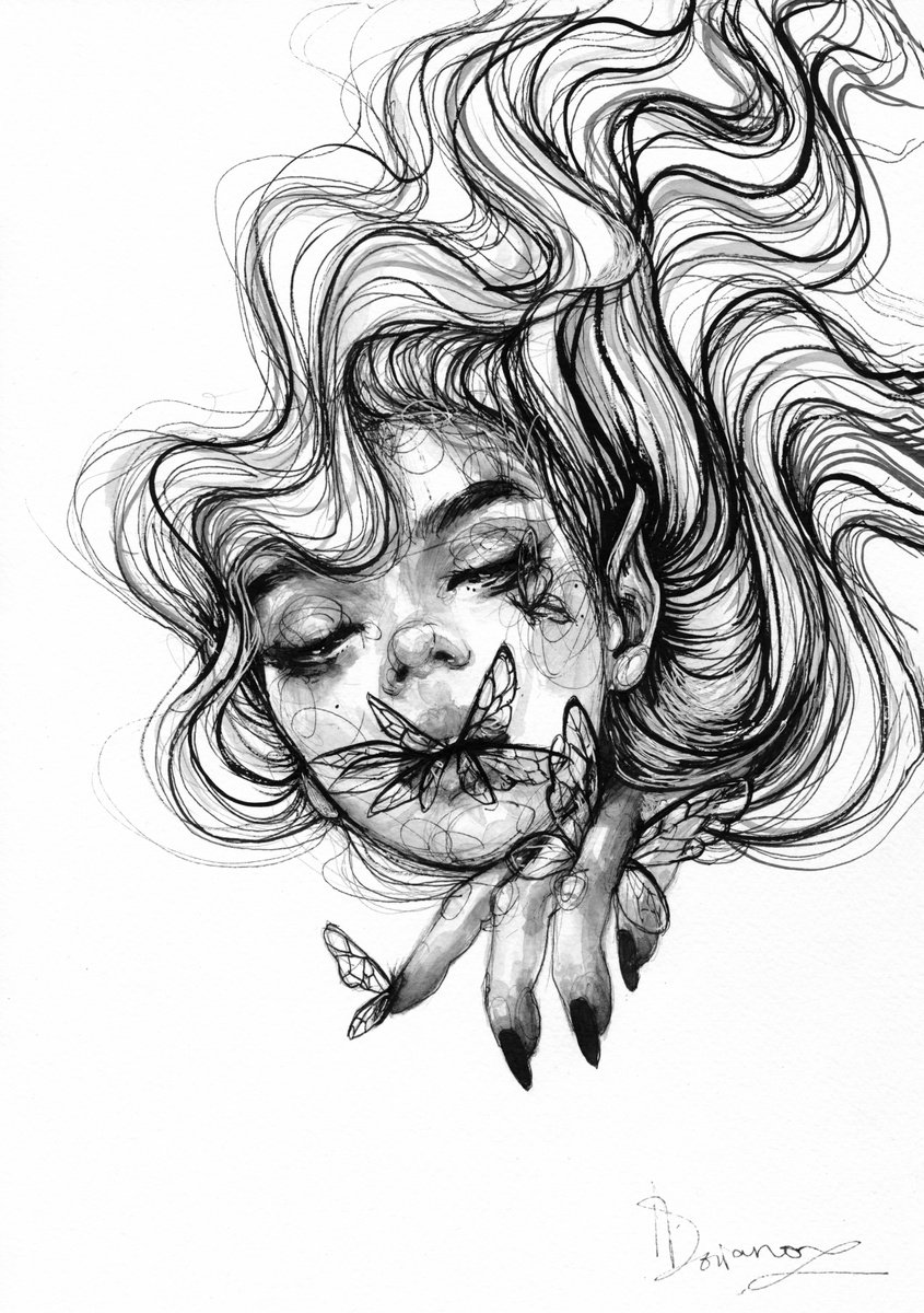 Expressive Portrait Ink Drawing By Doriana Popa, 8 X 12, Fairy, Original Artwork