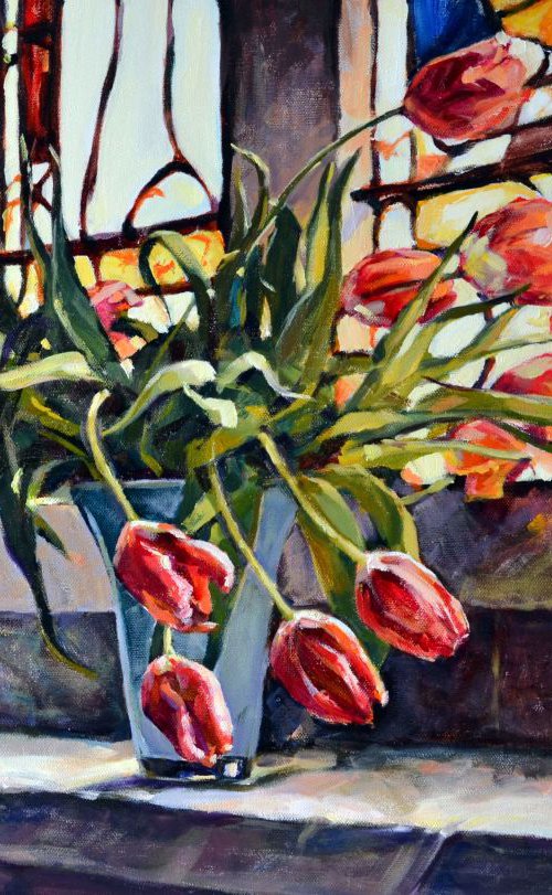Tulips On The Church Windowsill. by Irina Ushakova