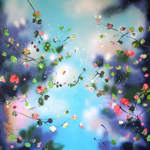 Square acrylic painting with flowers „Summer Garden” 35,4 x35,4 inches by Anastassia Skopp