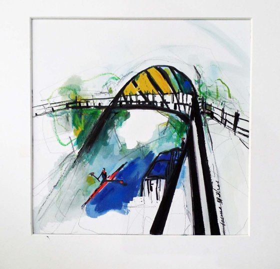 Cycle Bridge : an Impressionistic Abstract Landscape Study with Rower and Canal Boat