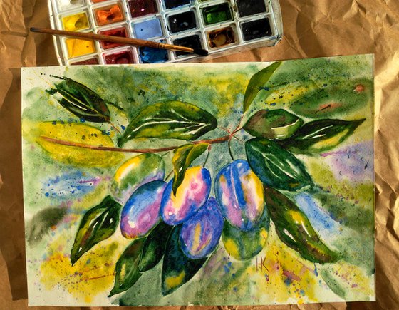 Plums original watercolor painting