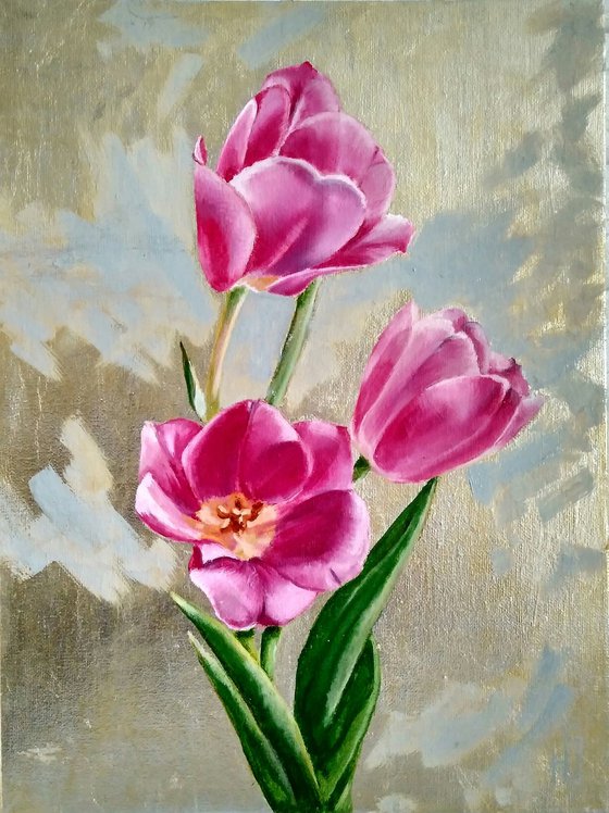 Tulips on a silver background