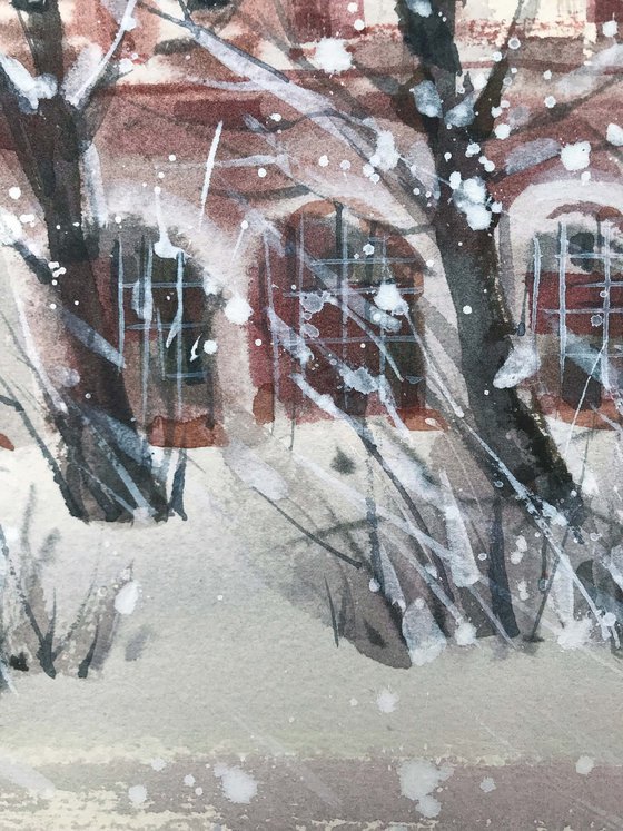 Old manor in winter. one of a kind, gift, original painting.