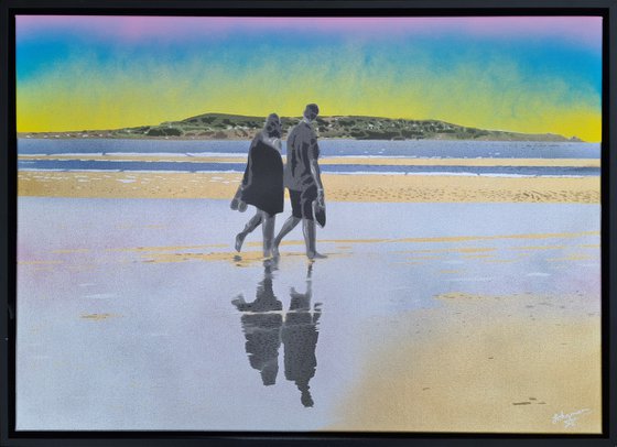 "Low Tide" - Contemporary vibrant golden seascape sunset spray paint Urban Graffiti Pop Art Banksy style artwork depicting couple walking on Blackrock Beach looking across Dublin Bay to Howth Head.