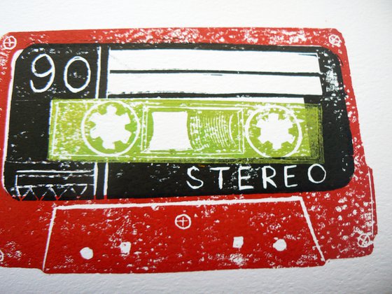 Linocut tapes #2 (cassette tapes, retro music, 70's, 80's rock culture)