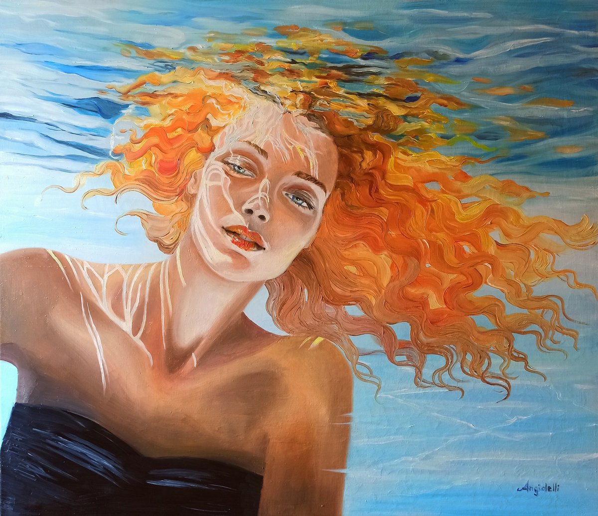 Photorealistic Portrait Oil Painting By Anna Rita Angiolelli, 28 X 24, Underwater Portrait, Original Artwork