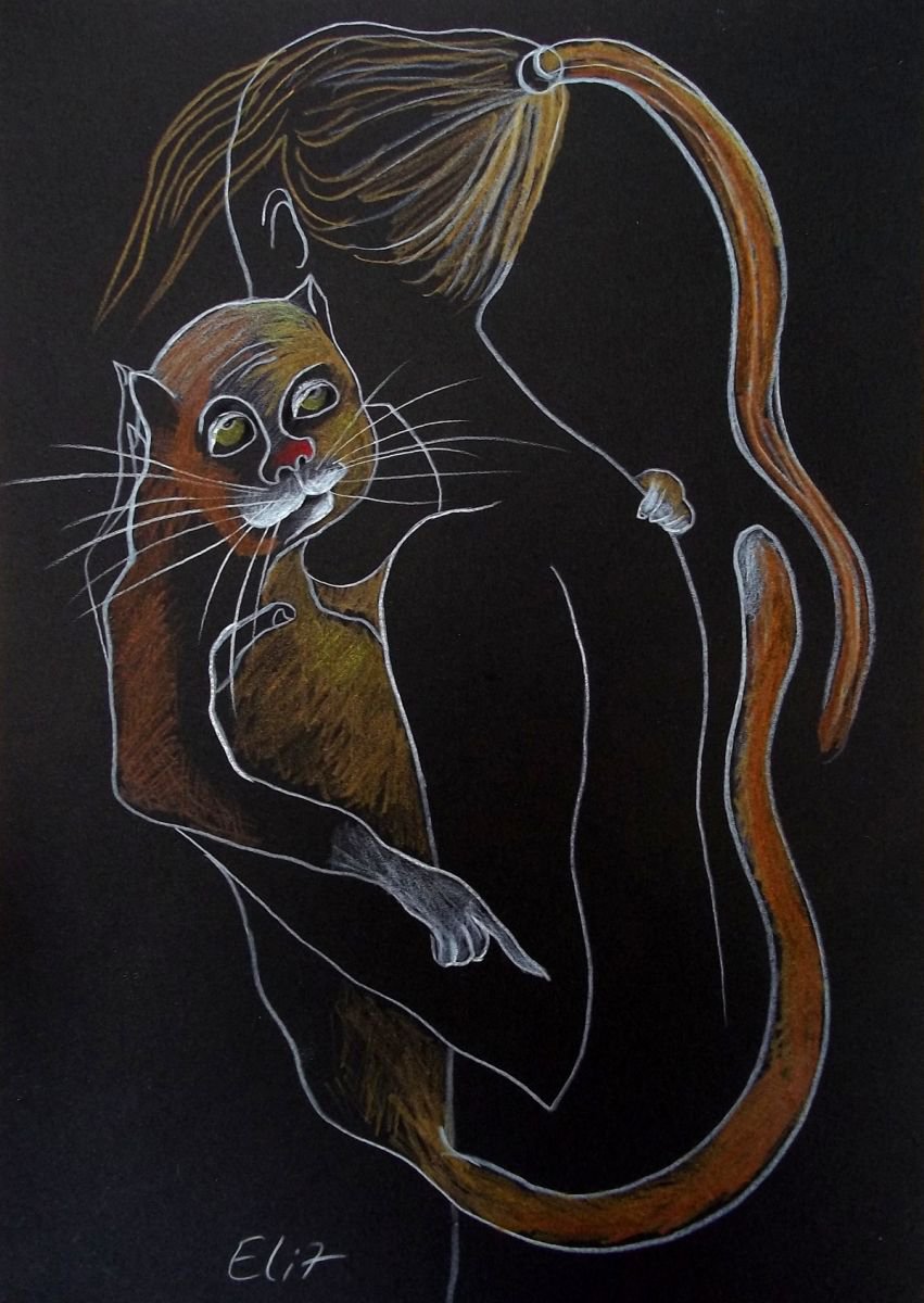 Expressive Animal Pencil Drawing By Elisheva Nesis, 9 X 13, Kitty Job, Original Artwork