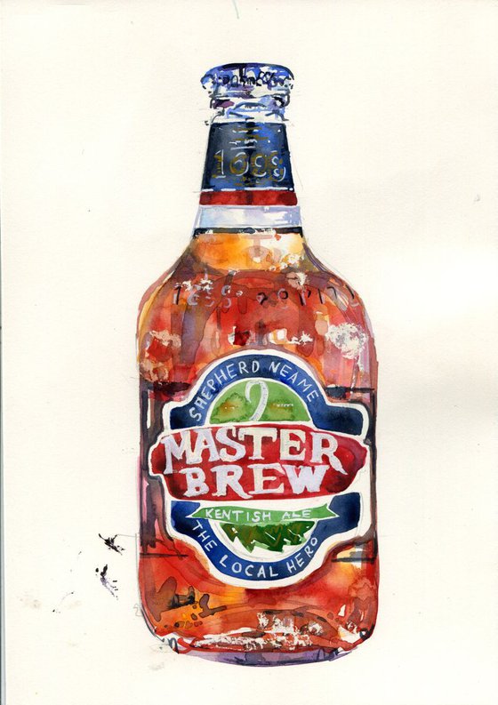 Kent Master Brew Beer Ale Shepherd Neame Bottle Watercolour Painting Illustration