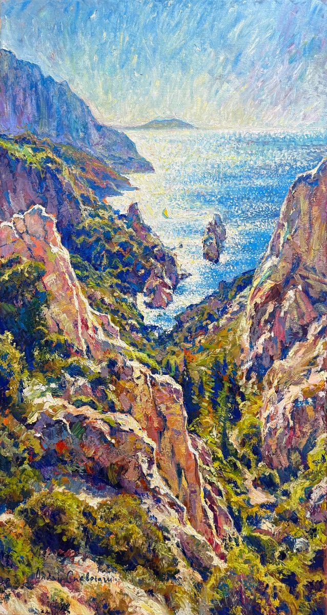 Impressionistic Landscape Oil Painting By Andrii Chebotaru, 28 X 51, Turquoise Dream Of Sardinia, Original Artwork
