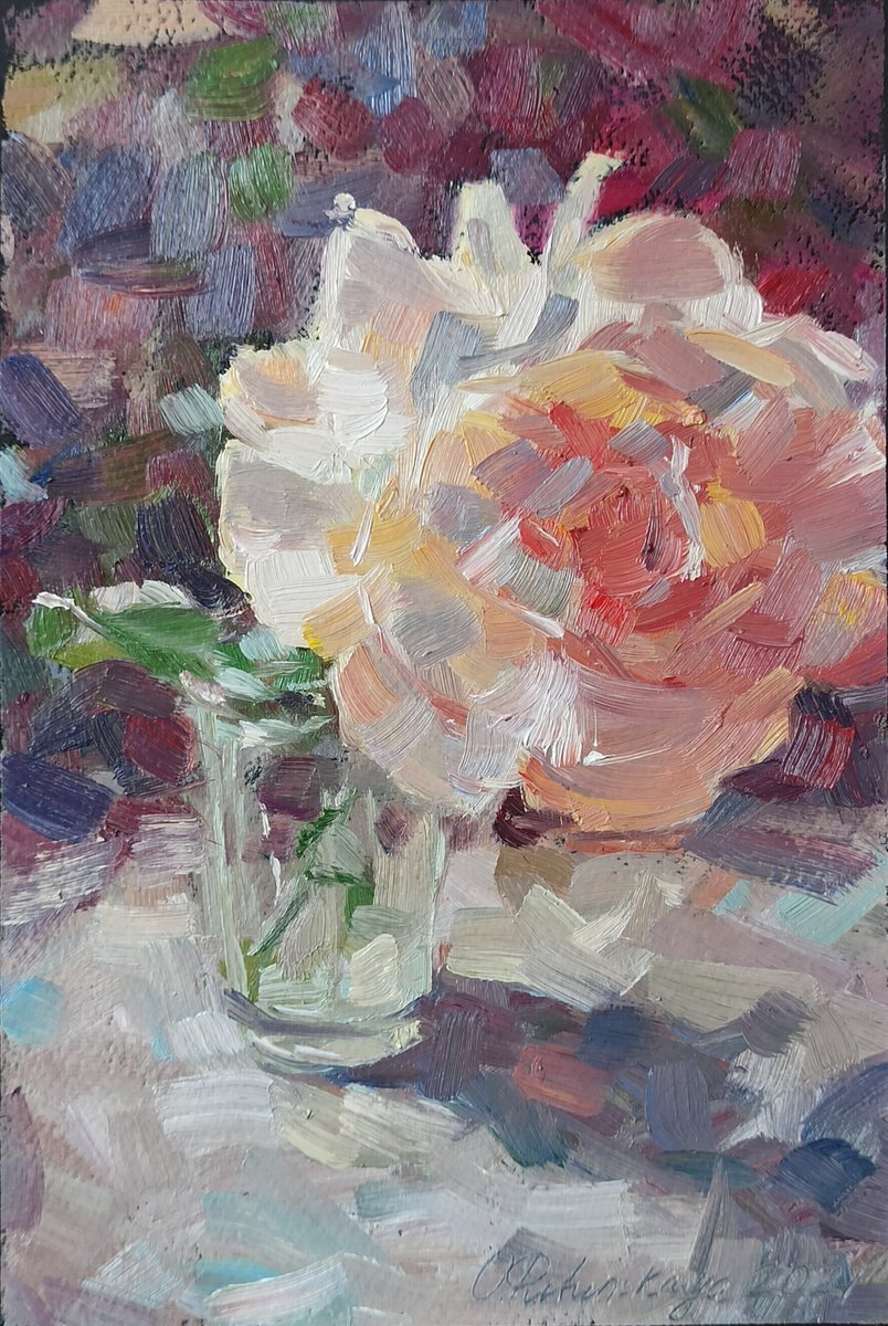 Impressionistic Botanical Oil Painting By Olha Retunska, 7 X 11", Gloria Rose, Original Artwork