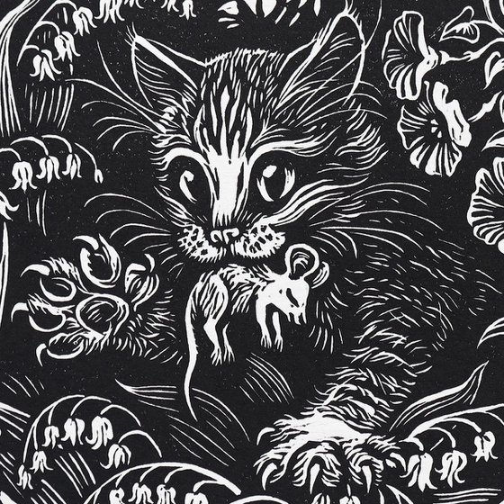 Linocut Print Kitty, Kitten, Cat Catching Mouse.