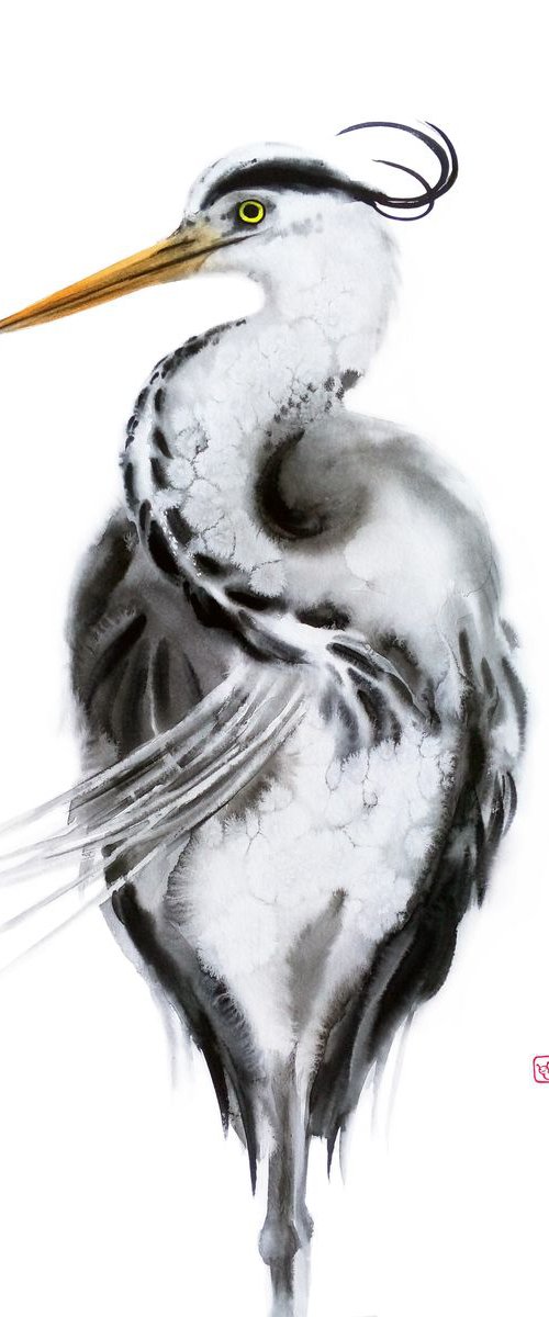 Grey heron - Great Blue Heron by Olga Beliaeva Watercolour