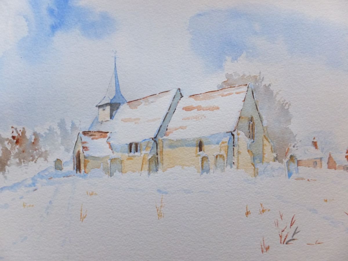 Photorealistic Cityscapes Watercolour By David Harmer, 16 X 12, Pyrford Church In Surrey, Original Artwork
