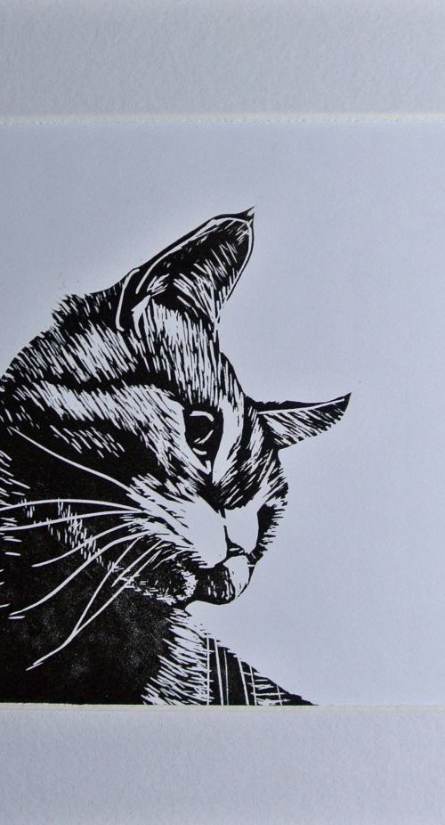 Cat Linocut, Print on Paper, Mounted by Alex Jabore