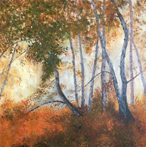 Autumn morning in the forest, landscape painting