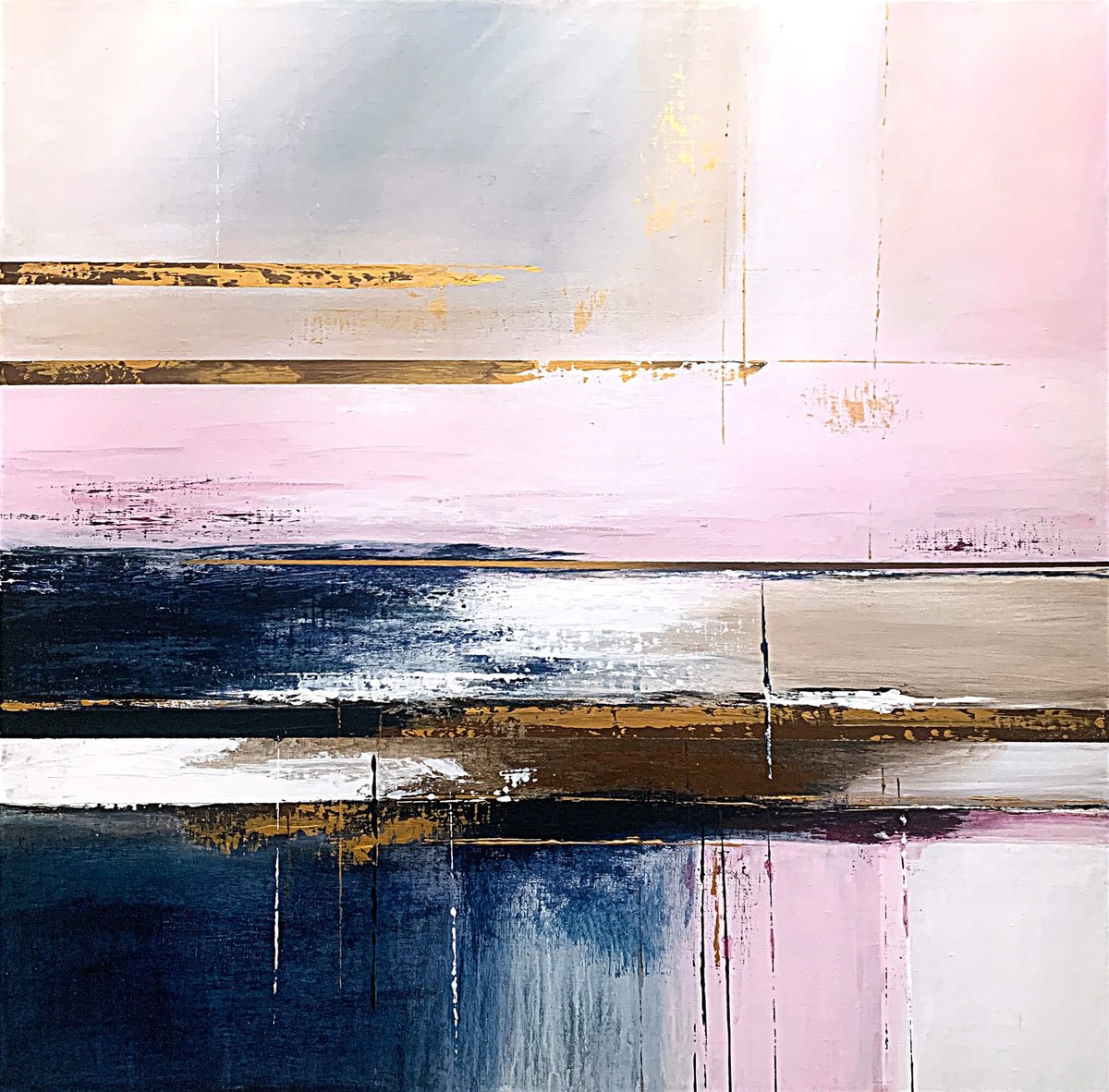 Geometric Landscape Acrylic Painting By Tatiana Malinovscaia, 28 X 28", Harmony Of Sunset, Original Artwork