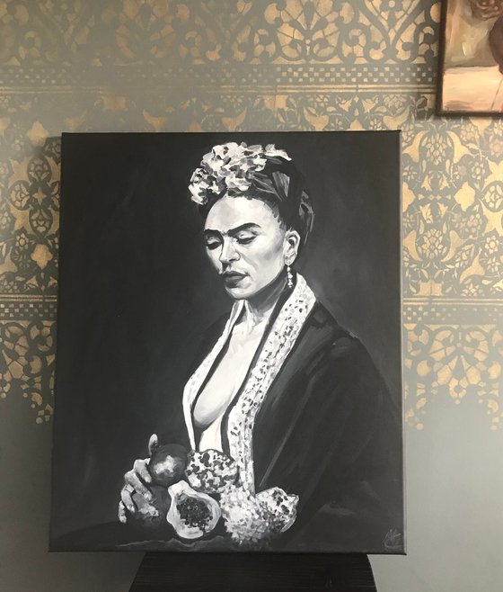Frida Khalo with Fruit in Monochrome