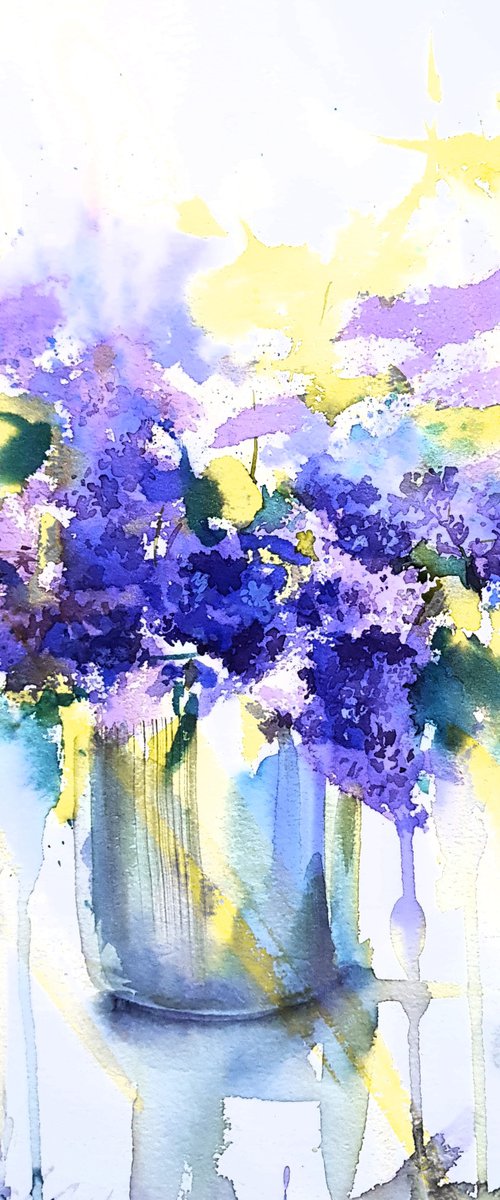 Lilac bouquet. Blue flowers in watercolor by Mariana Briukhanova