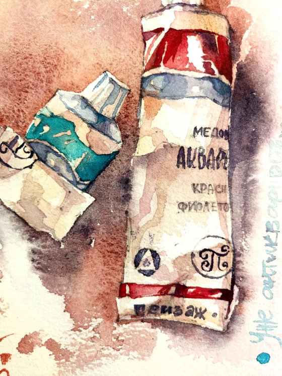 "Still life with antique tubes of watercolor paint" original watercolor artwork