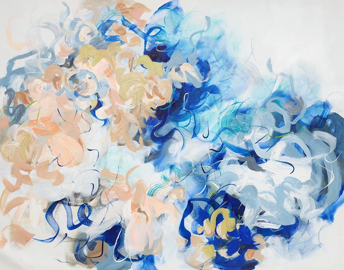 Abstract Acrylic Painting By Cristian Cuevas, 40 X 30, Blue Flowers, Original Artwork