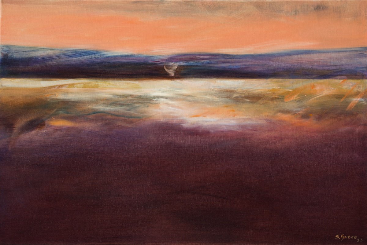 Abstract Landscape Oil Painting By Simona Gocan, 36 X 24", Orange Sky, Original Artwork