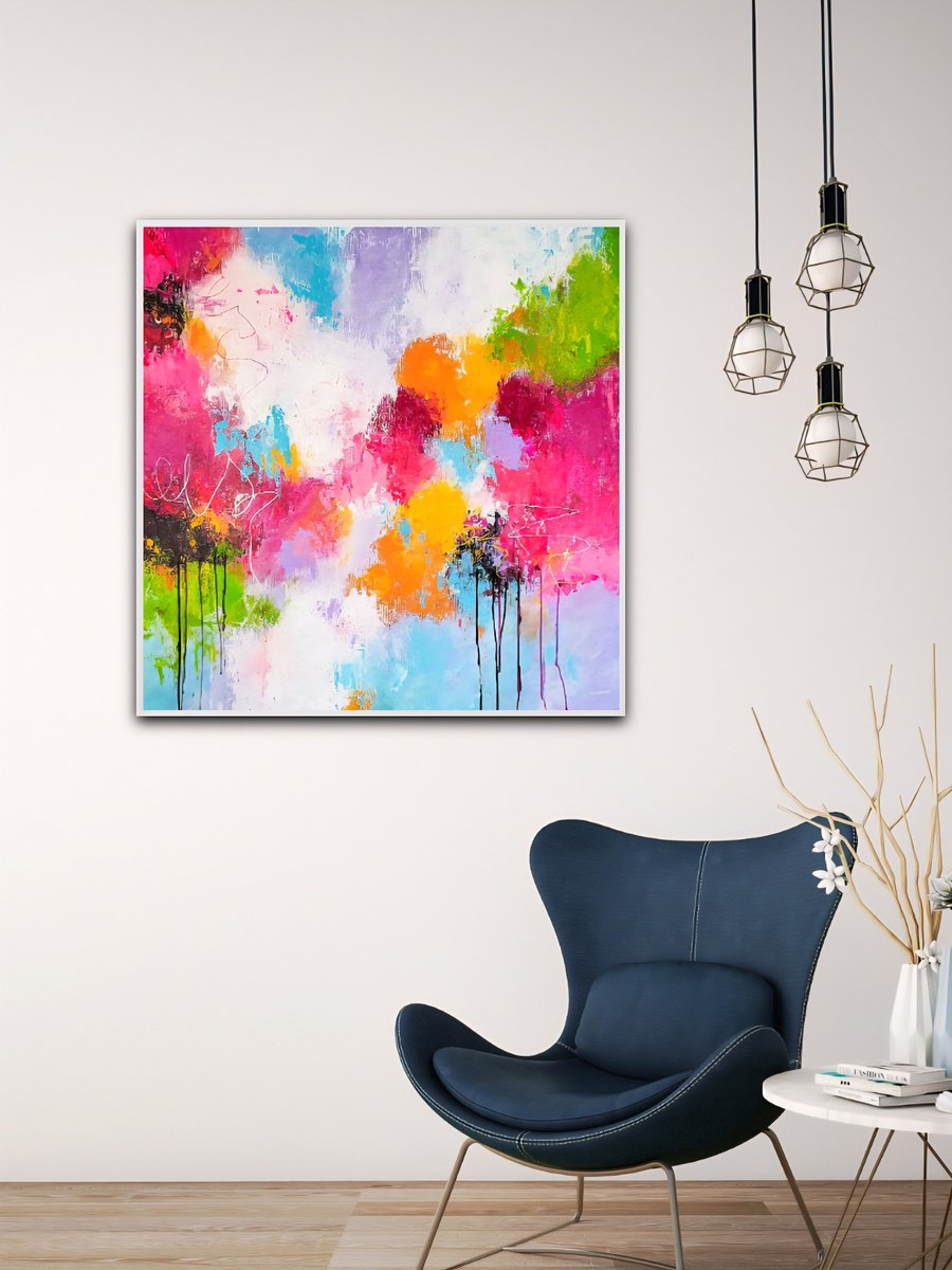 Expressive Abstract Acrylic Painting By Veronika Obushikhina, 35 X 35", Emergence 1, Original Artwork