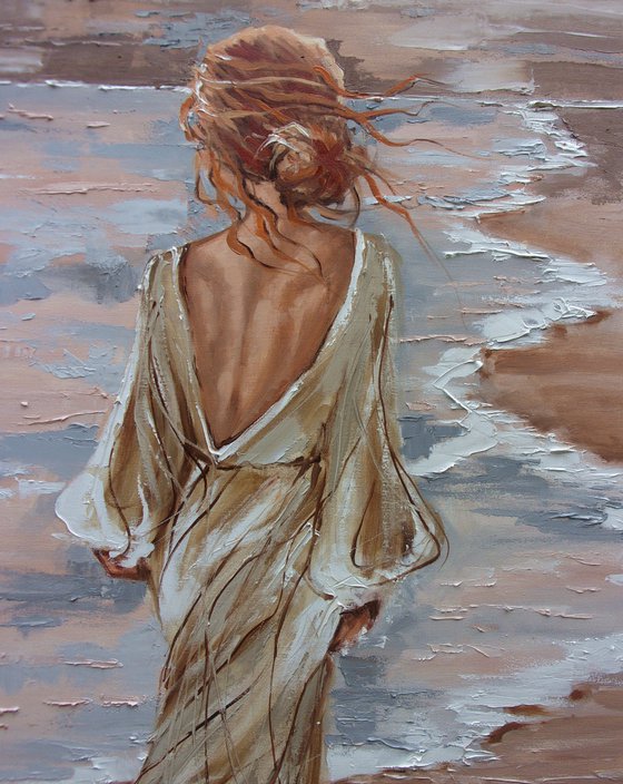 "  ON THE BEACH ... " for V. 100X70CM original painting SEA SPRING palette knife GIFT