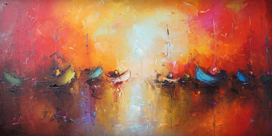 Shadows in a red sky, Abstract painting, Sailboats Painting