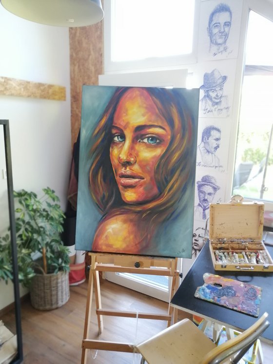 Blue eyes - original oil on canvas portrait painting