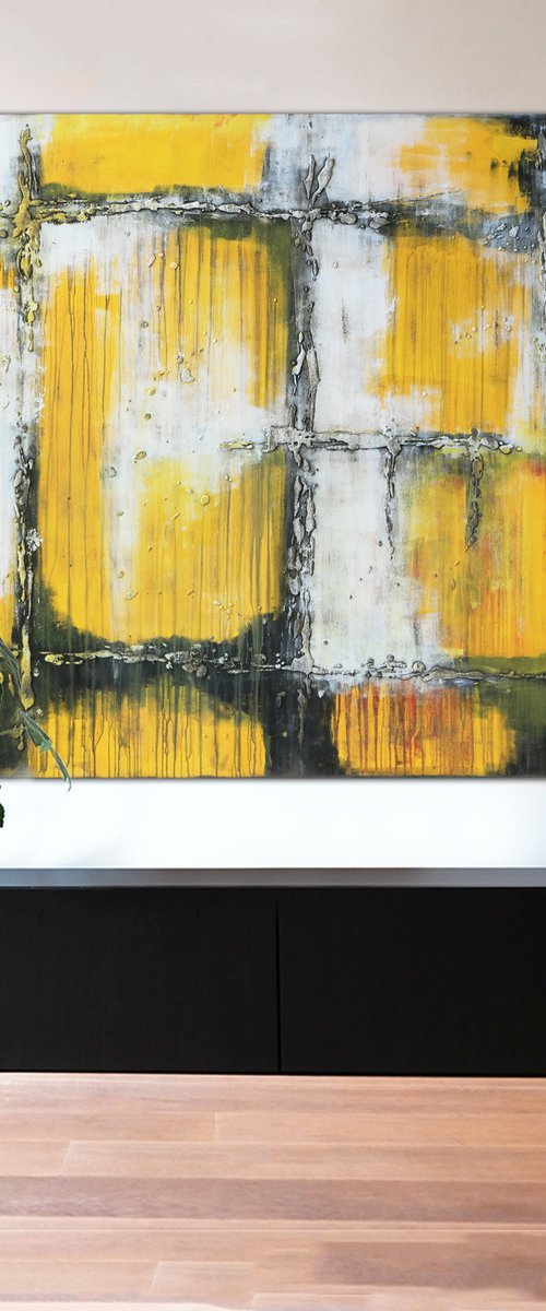 Yellow White textured XL - 120x120cm - 11A by Ronald Hunter
