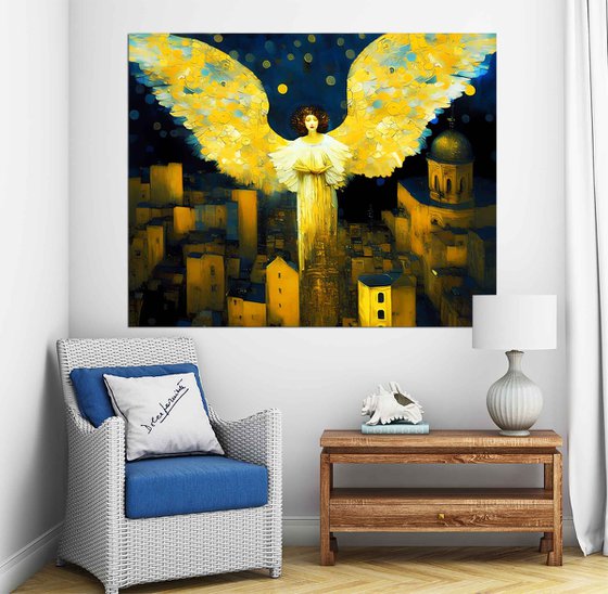 Night Angel. Fairytale cityscape. Original large format fantasy surrealism mythology legend art, symbolic artwork, romantic golden and dark blue wall art for home decor. Nice lovely gift.