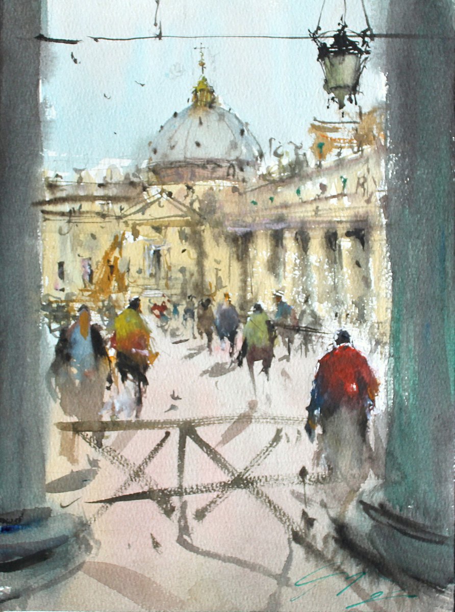 Impressionistic Cityscapes Watercolour By Maximo Damico, 8 X 11", Sunday In San Pietro
