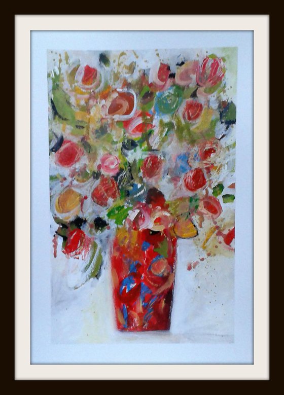 Mixed Flowers in a Red Vase