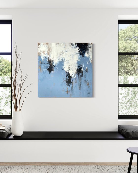 BLUE DAY - 70 x 70 CM - ABSTRACT PAINTING ON CANVAS * BLUE* WHITE * BLACK