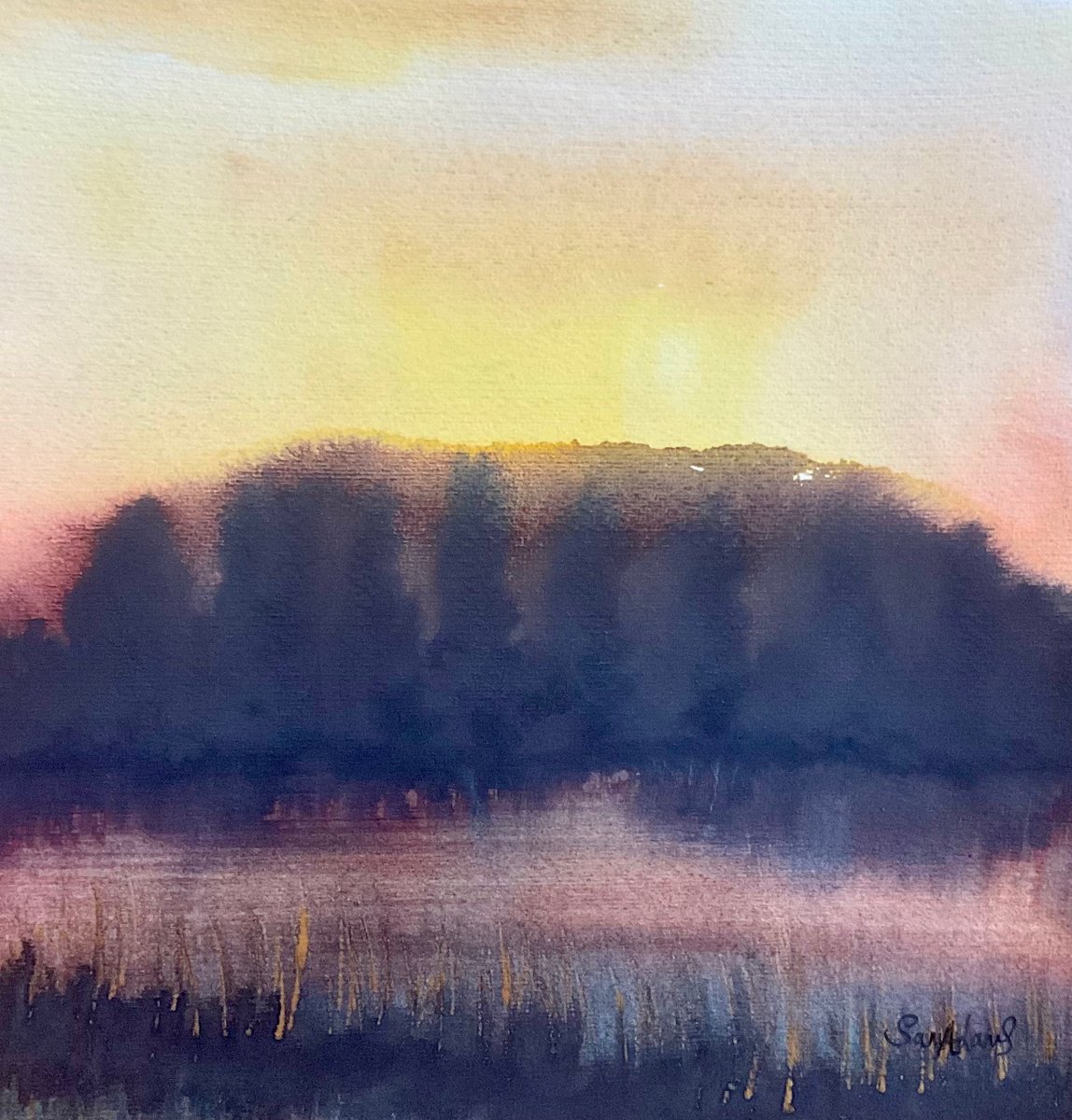 Expressive Watercolour , Turners Paddock Lake Sunset, Stourhead By Samantha Adams, 9 X 10, Artwork For Sale On Artfinder