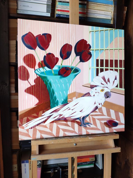 Cockatoo and tulips