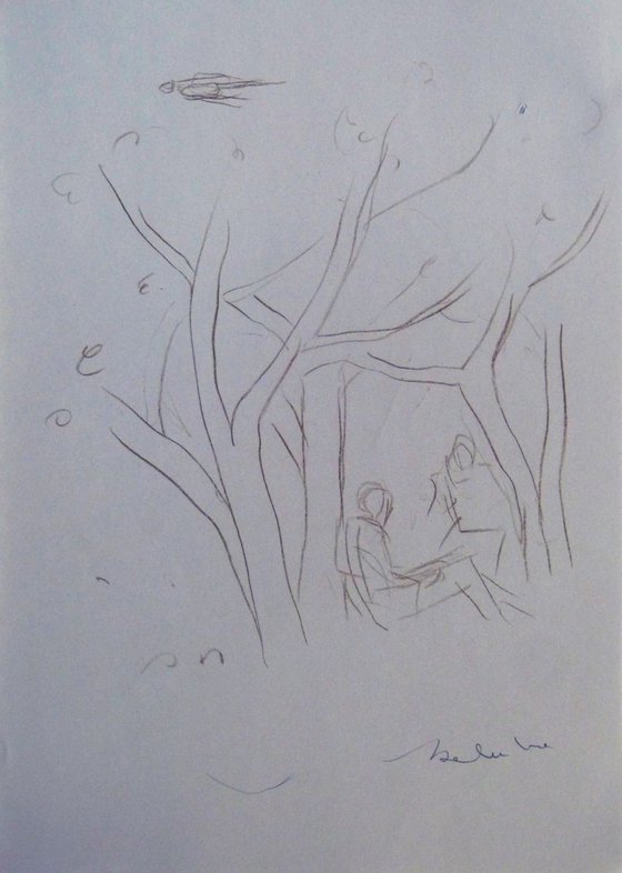 Six sketches - People and cats in the Garden, 21x29 cm - affordable & AF exclusive !