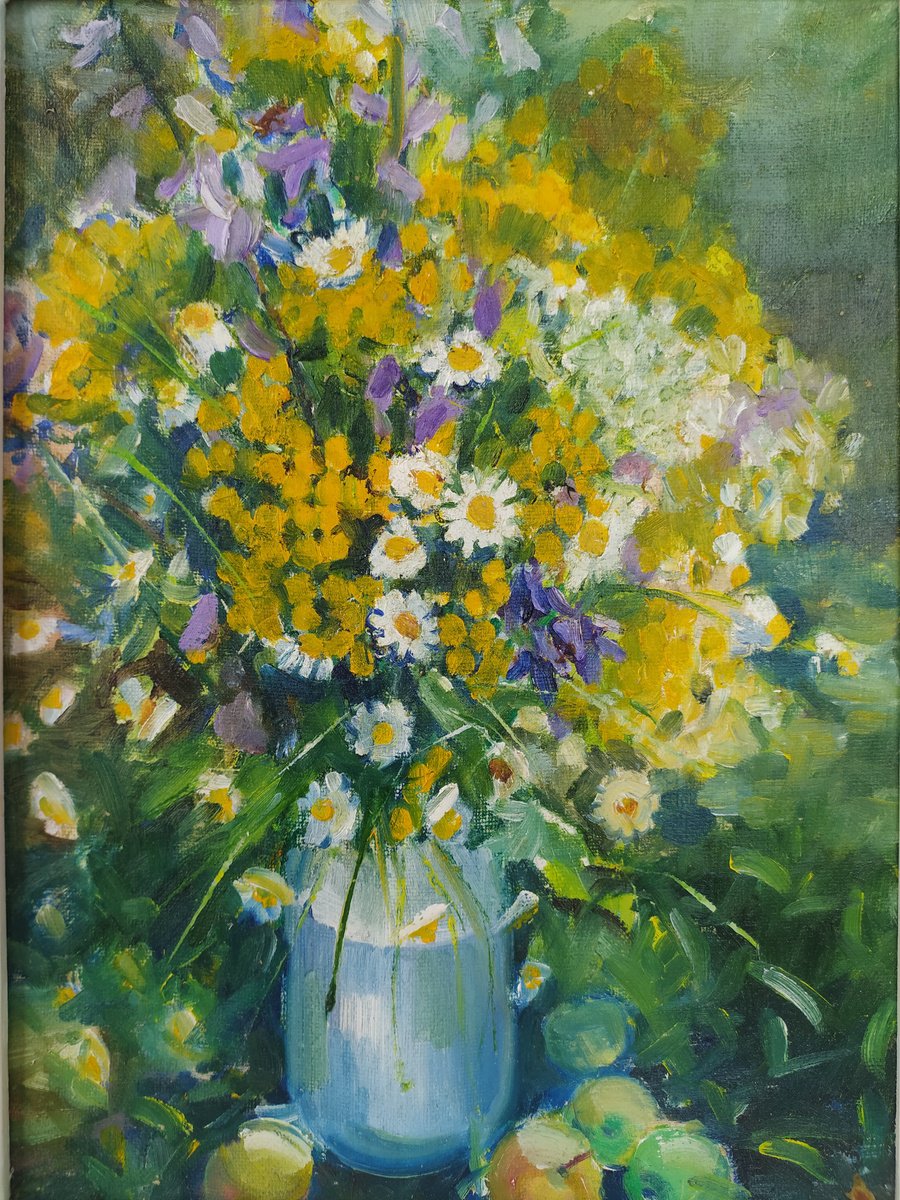 Still Life Oil Painting By Valentina Andrukhova, 13 X 17", Wildflowers With Apples, Original Artwork