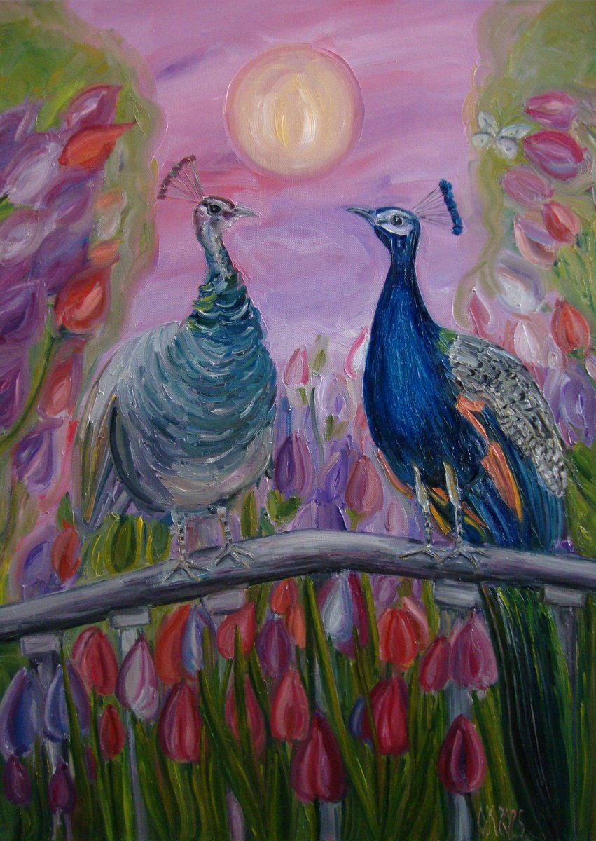 Impressionistic Animal Oil Painting By Olga Knezevic, 20 X 28", Peacocks Love, Original Artwork