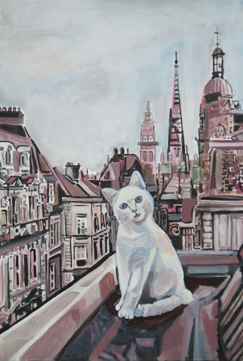 Urban And Pop Animal Painting By Alexandra Djokic, 14 X 20, City Cat, Original Artwork