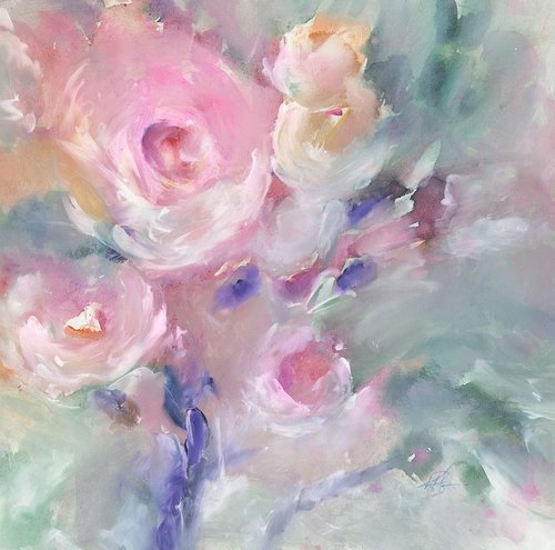 Soft Blooms No. 2 - 23x23in - Mixed Media Abstract Floral Painting by Kathy Morton Stanion, Modern Home decor, restaurant art by Kathy Morton Stanion