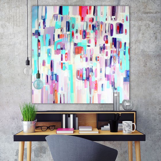 Free Fallin (large colourful square abstract painting in pink and turquoise)